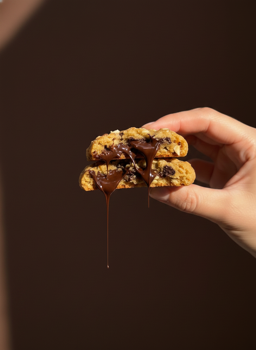 Cookie de La Besnéta partida amb xocolata fonosa goteant, subjectada per una mà sobre fons fosc cinema